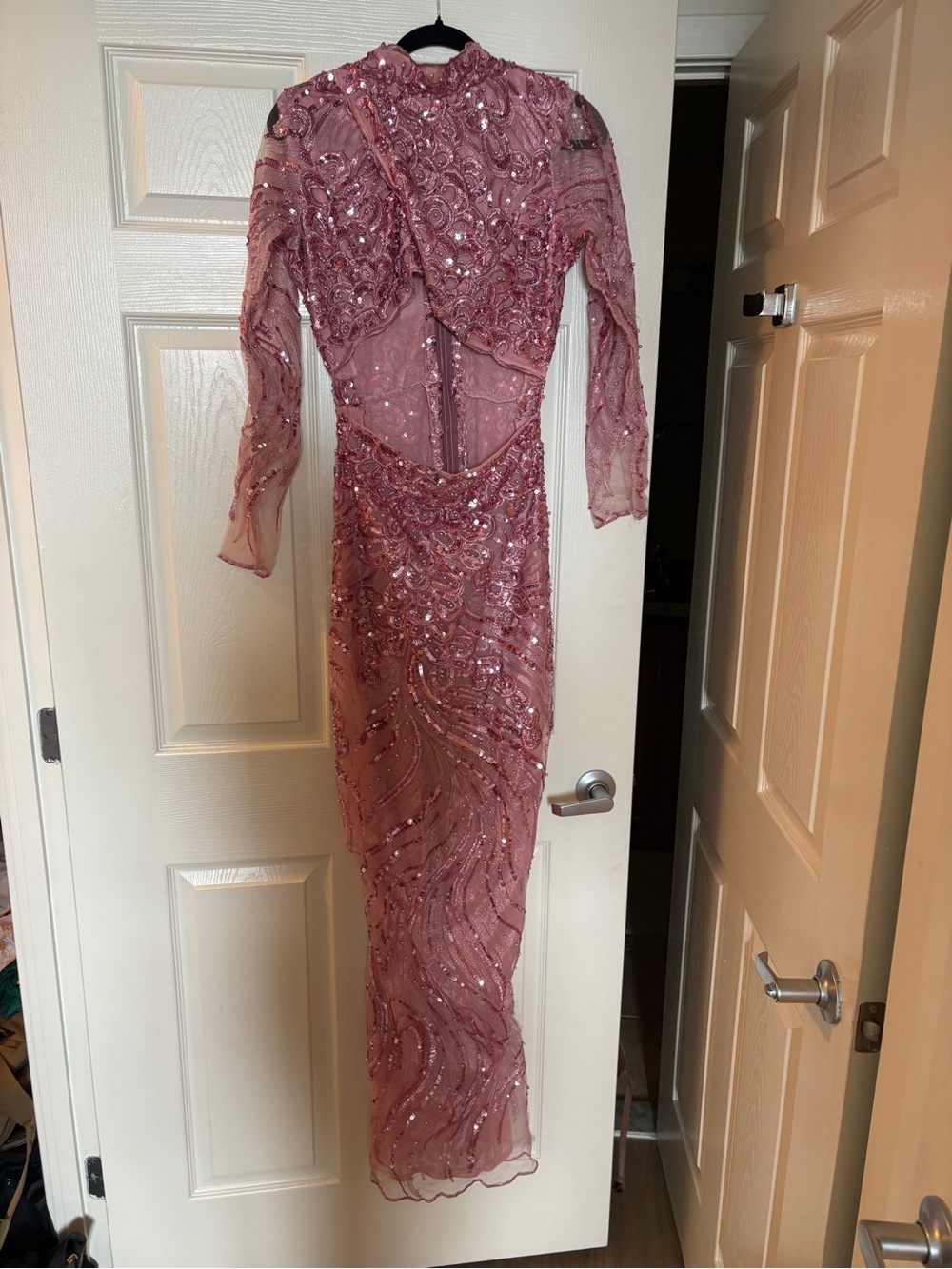 Elegant African/Asoebi Long Sleeve Sequin Evening Dress in Dusty Rose